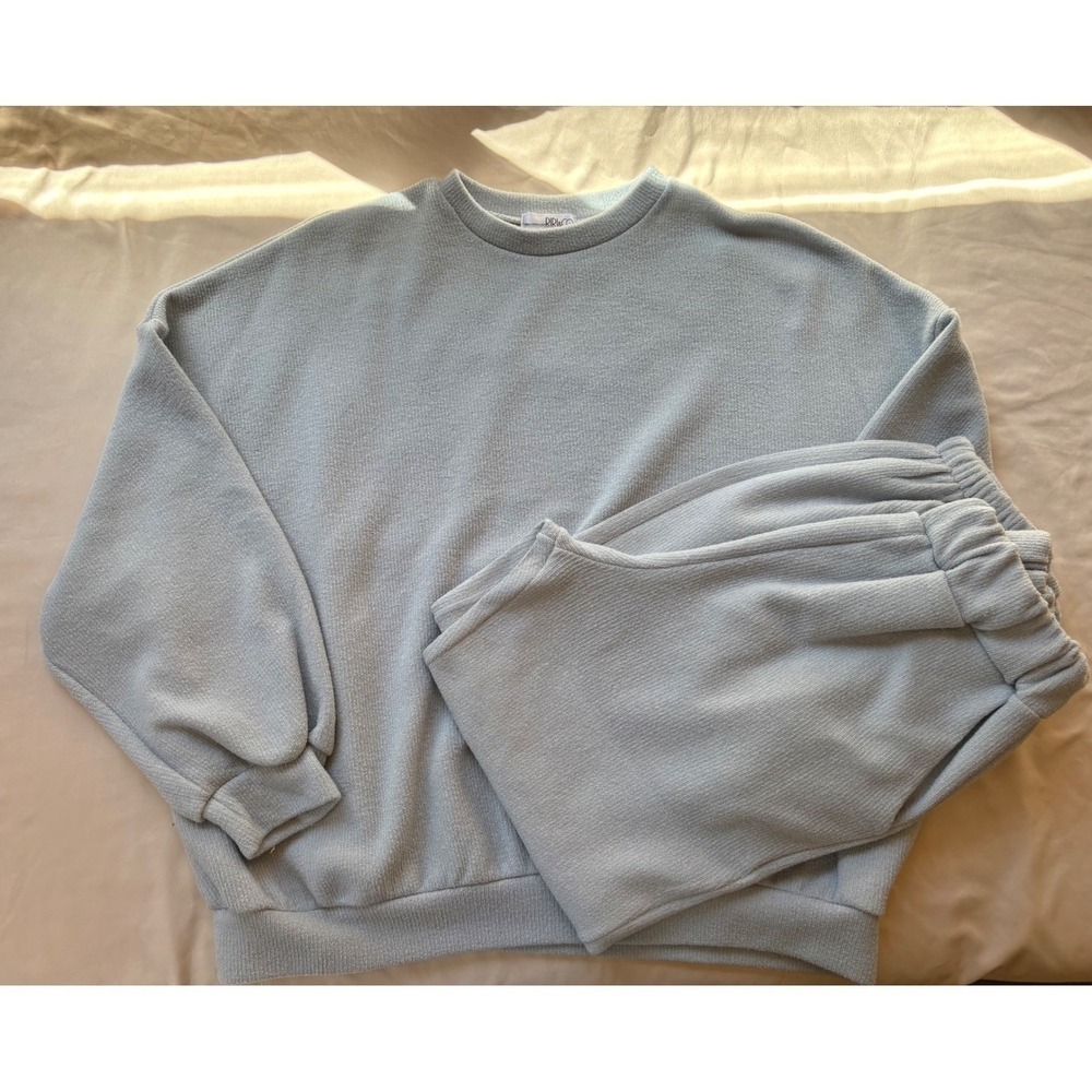 Riri & Co Light Blue Textured Knit Oversized Sweatshirt and Joggers Lounge Set